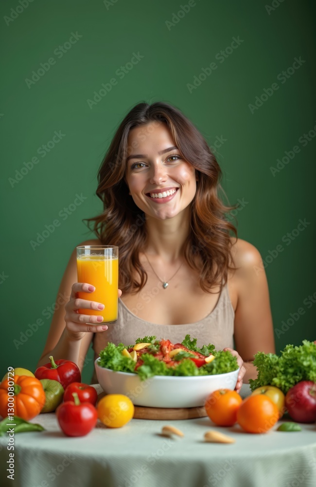 Happy young woman eats salad and drinks orange juice at table with fresh vegetables. Healthy eating lifestyle, balanced diet. Vitamin nutrition, well-being. Vegetarian meal on green background. Happy young woman eats salad and drinks orange juice at table with fresh vegetables. Healthy eating lifestyle, balanced diet. Vitamin nutrition, well-being. Vegetarian meal on green background.