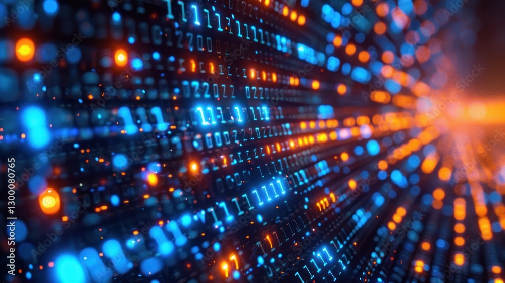 Data stream tunnel, binary code, glowing lights, digital network Data stream tunnel, binary code, glowing lights, digital network
