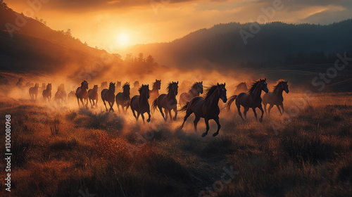 A wild herd of horses galloping through golden fields at sunset, dust rising behind them

