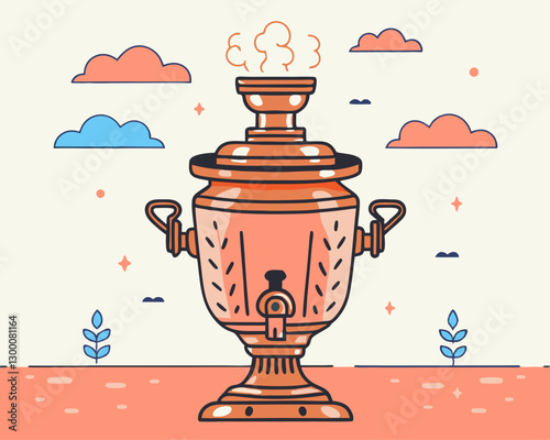 A traditional brass samovar with steam rising from the spout