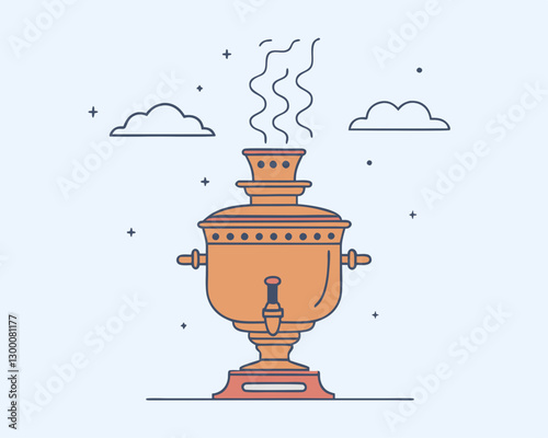A traditional brass samovar with steam rising from the spout