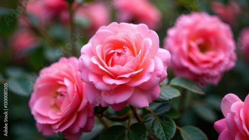 A rose bush Double Delight with vibrant pink blooms and lush green leaves.