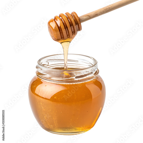 A glass jar full of honey and a wooden dipper with honey drop isolated on a transparent background
