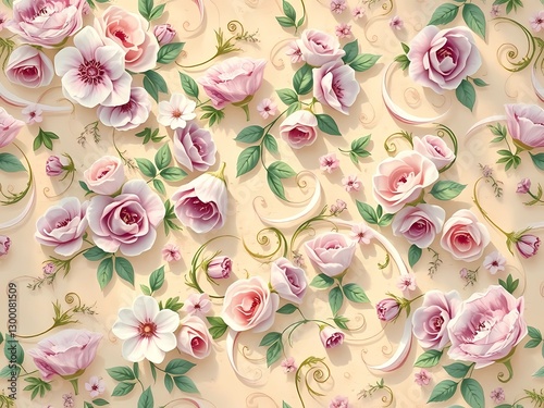 Sweet and soft fabric pattern, with roses, flowers, and leaves, creating a feeling of warmth and cuteness.