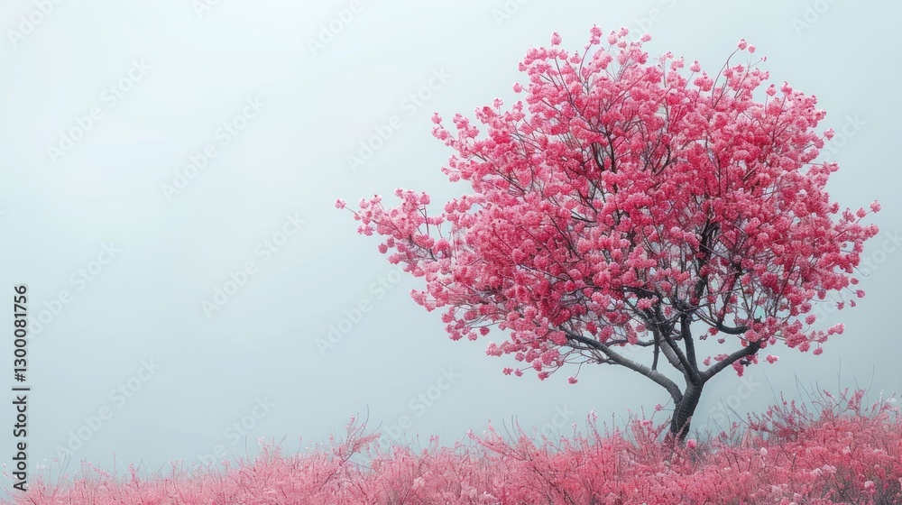 Pink Blossom Tree in Misty Mountain Landscape Pink Blossom Tree in Misty Mountain Landscape