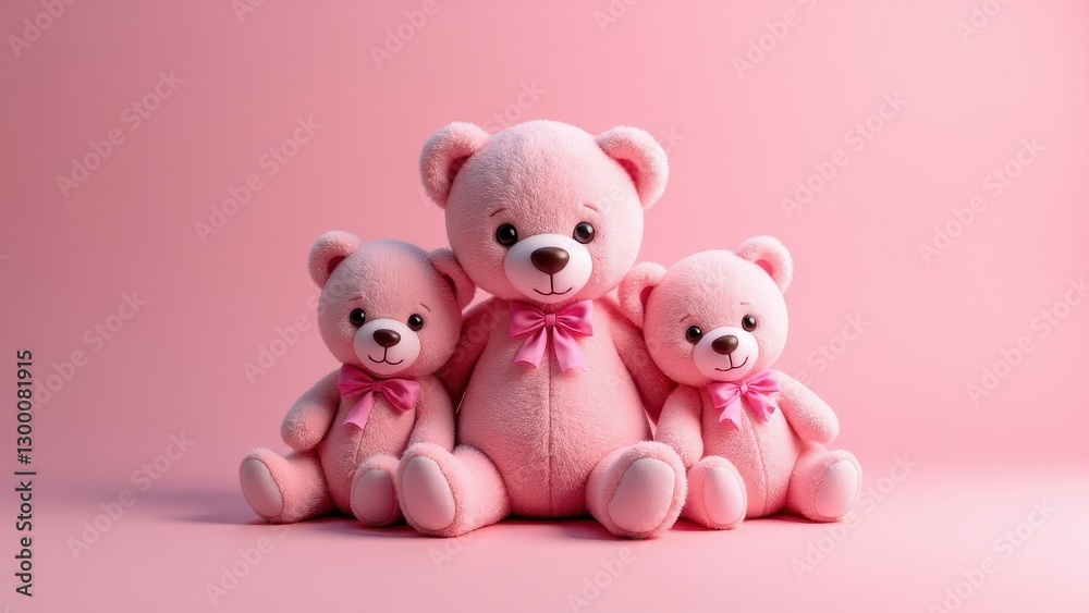 Three rose teddy bears with pink bows sitting against a pink background. Three rose teddy bears with pink bows sitting against a pink background.