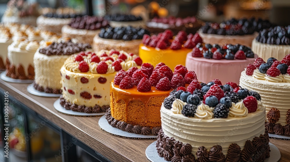 Many cakes are placed on the table next to each other, each cake has a different color and different decoration Many cakes are placed on the table next to each other, each cake has a different color and different decoration