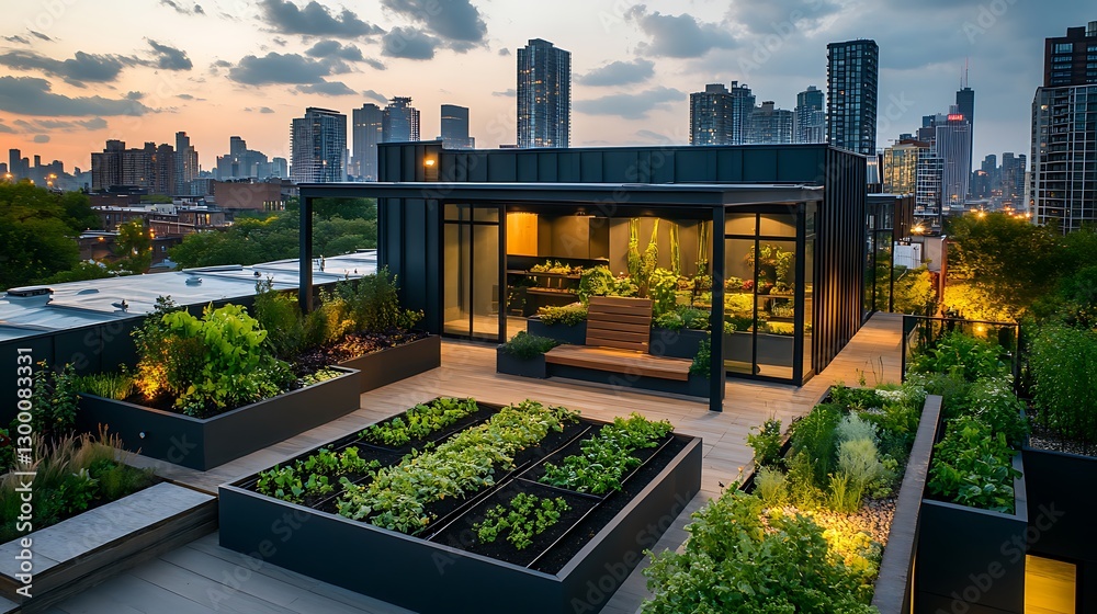 Fototapeta premium Rooftop Garden with Raised Beds and City View at Dusk