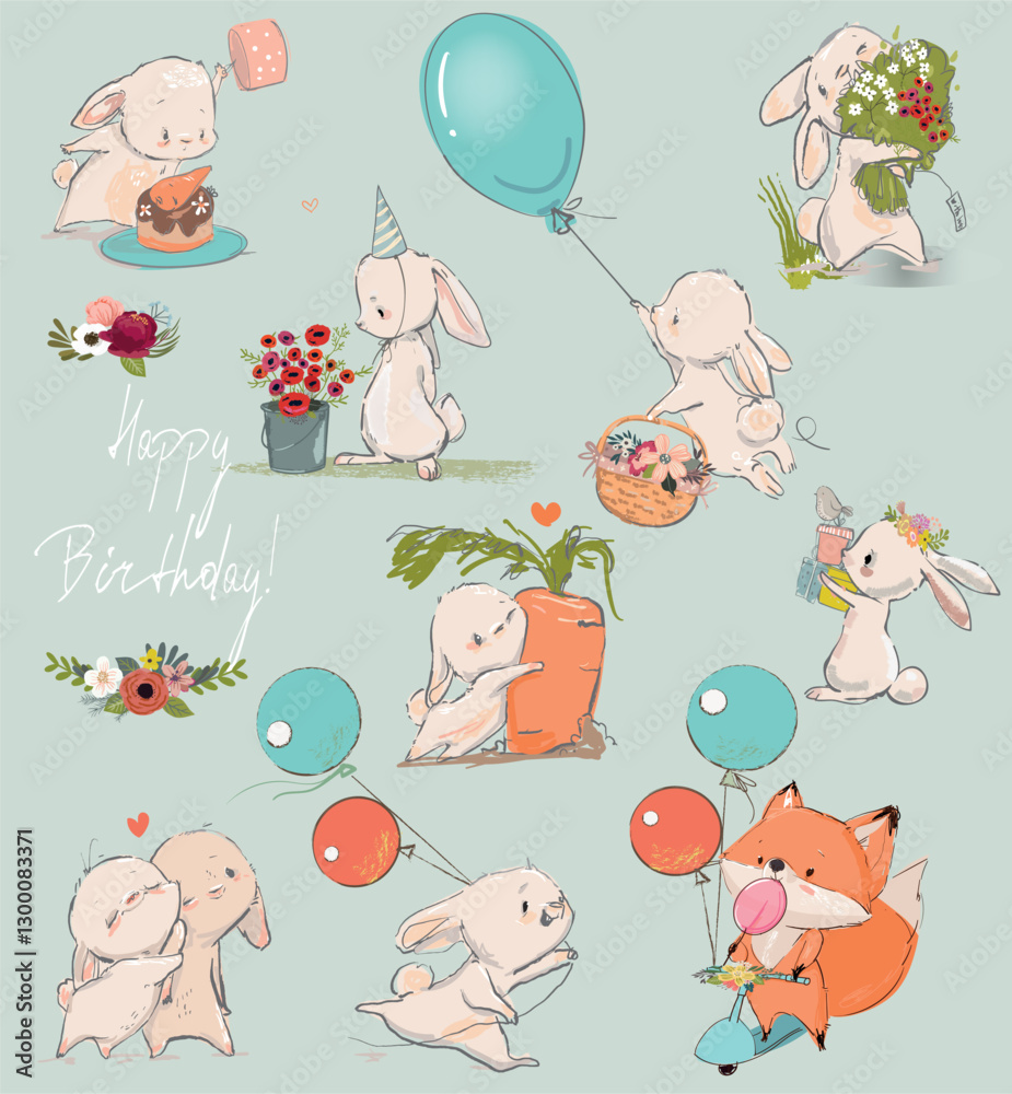 Fototapeta premium Cute Birthday cartoon hares set with elements