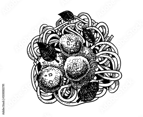 Hand drawn illustration of spaghetti. Pasta templates collection for menu design, flyers and brochures. Engraving style hand drawn sketch, vector illustration.