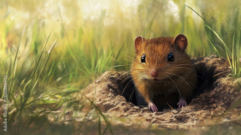 A curious small rodent peeking out from its burrow in a lush, sunlit meadow filled with grass A curious small rodent peeking out from its burrow in a lush, sunlit meadow filled with grass
