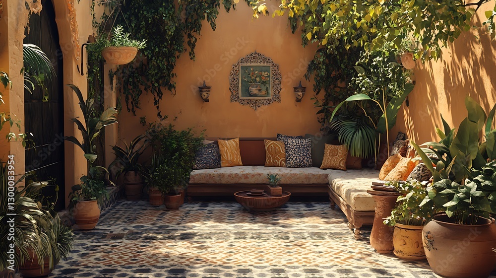 Obraz premium Inviting Moroccan-style Courtyard with Plants and Comfortable Seating