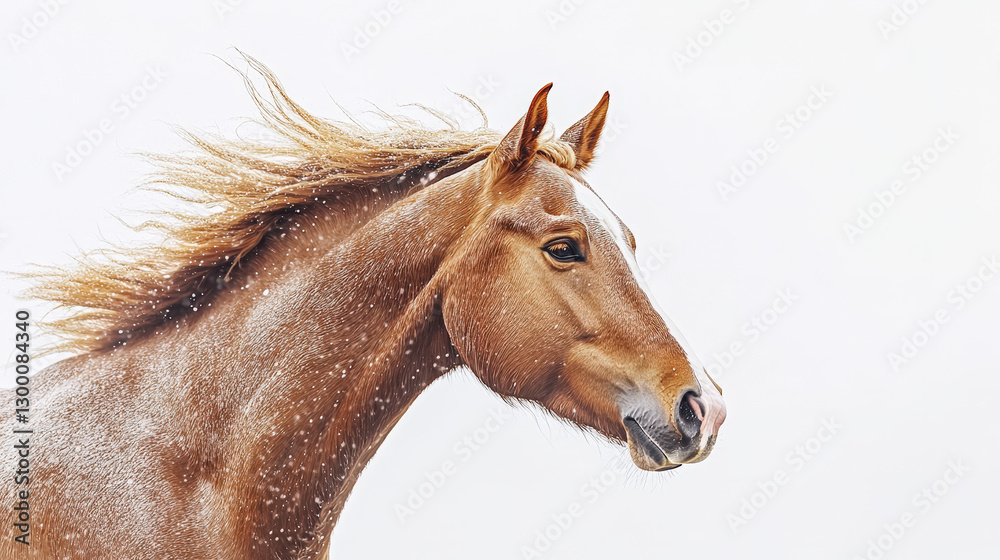 Fototapeta premium A beautiful chestnut horse captured in profile with windblown mane against a bright snowy background