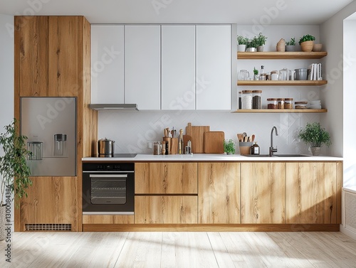 This is a modern kitchen with wooden cabinetry in it