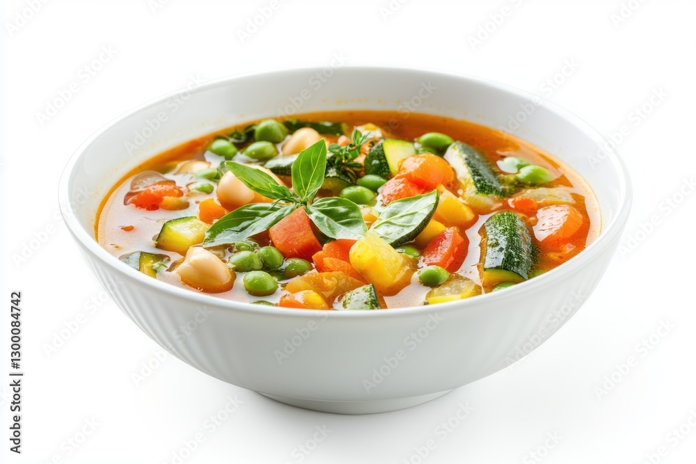 Vibrant vegetable soup in white bowl close up shot healthy and tasty vegan cuisine against white background Vibrant vegetable soup in white bowl close up shot healthy and tasty vegan cuisine against white background