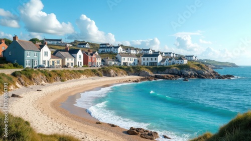 Seahouses village with colorful houses along a sandy beach and clear blue waters, under a bright sky with fluffy clouds.