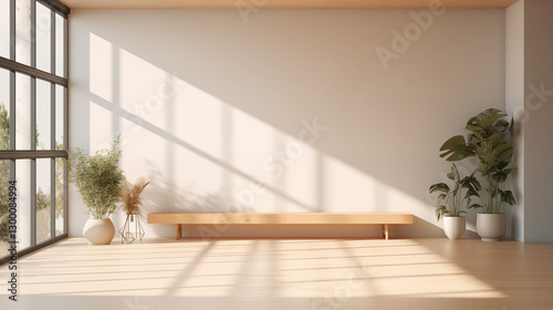 Bright and modern art studio with white walls and wood-colored floors, filled with plants and natural light, creating a calm and cozy atmosphere.