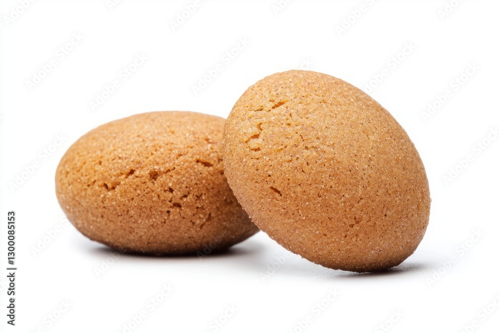 Two tasty brown almond cookies with a crunchy texture on a plain white background creating a visual delight Two tasty brown almond cookies with a crunchy texture on a plain white background creating a visual delight