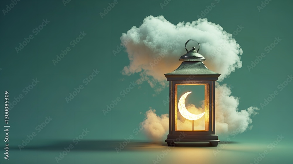 A glowing crescent moon nestled within an antique lantern, embraced by soft clouds against a serene teal backdrop, evoking tranquility and peace. A glowing crescent moon nestled within an antique lantern, embraced by soft clouds against a serene teal backdrop, evoking tranquility and peace.