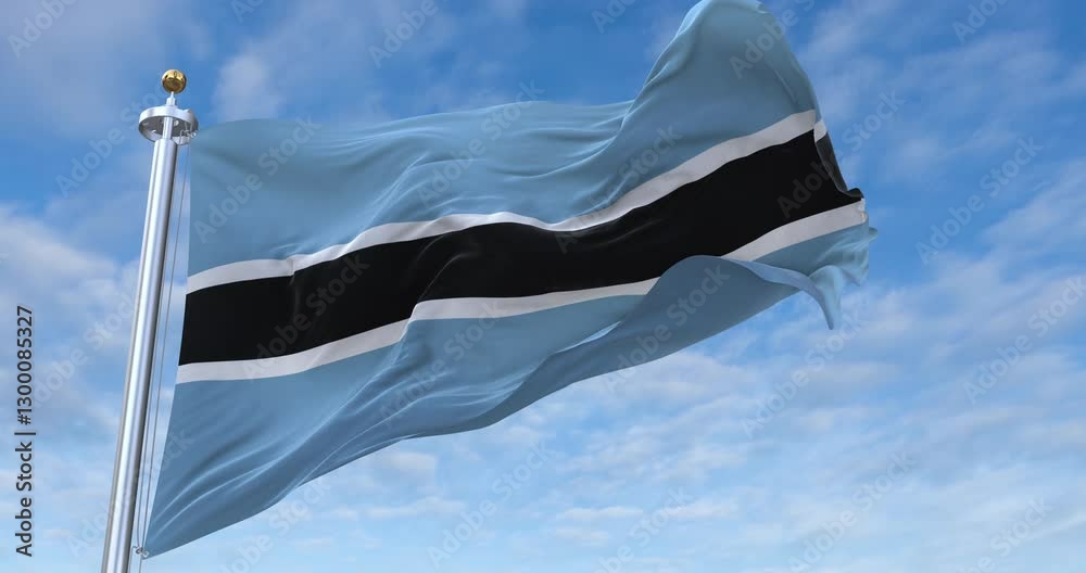 Botswana flag with flagpole waving in wind, rolling clouds background looping, 4K video (Perfect Loop)