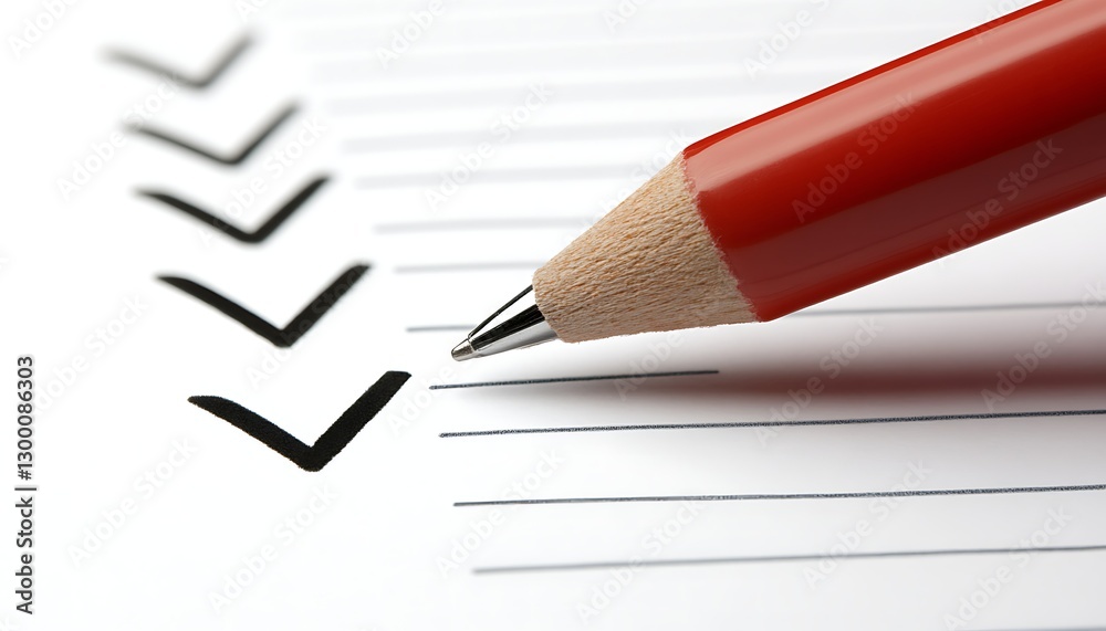 Checklist marking with red pencil on a white list Checklist marking with red pencil on a white list
