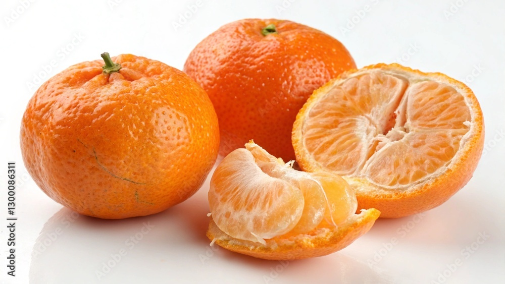 Two Whole and One Half-Peeled Tangerine on White Background Two Whole and One Half-Peeled Tangerine on White Background
