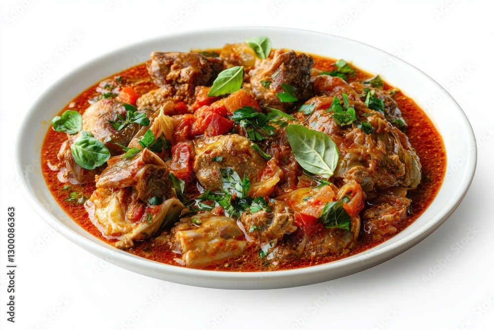 Hearty rustic braised lamb shank with tomato sauce and basil leaf garnish in deep bowl tasty and savory traditional dinner Hearty rustic braised lamb shank with tomato sauce and basil leaf garnish in deep bowl tasty and savory traditional dinner