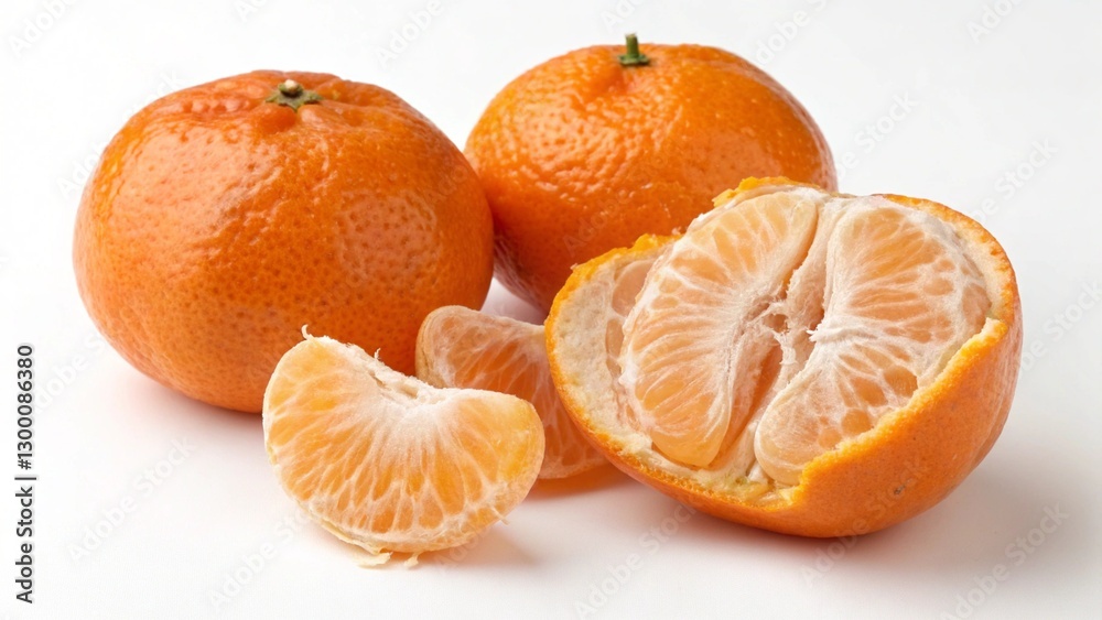 Two Whole and One Half-Peeled Tangerine on White Background Two Whole and One Half-Peeled Tangerine on White Background