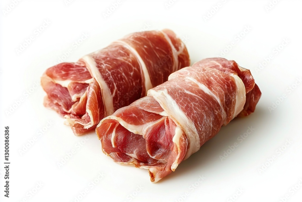 Rolled cured ham delicacy on a clean white surface offering a delicious gourmet snack food concept close up shot Rolled cured ham delicacy on a clean white surface offering a delicious gourmet snack food concept close up shot