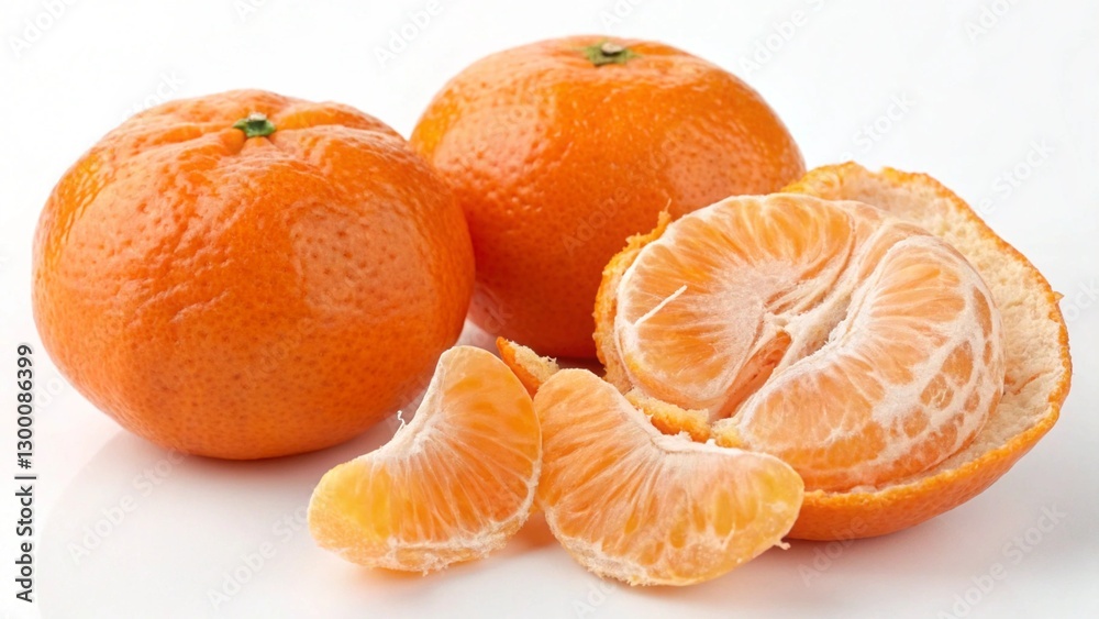 Two Whole and One Half-Peeled Tangerine on White Background Two Whole and One Half-Peeled Tangerine on White Background