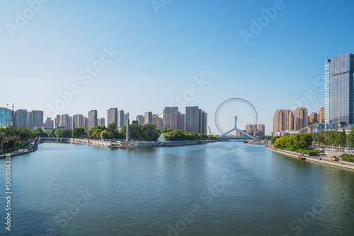 The urban architectural skyline, modern bridges, and Haihe River scenery of Tianjin, China on August 11, 2024