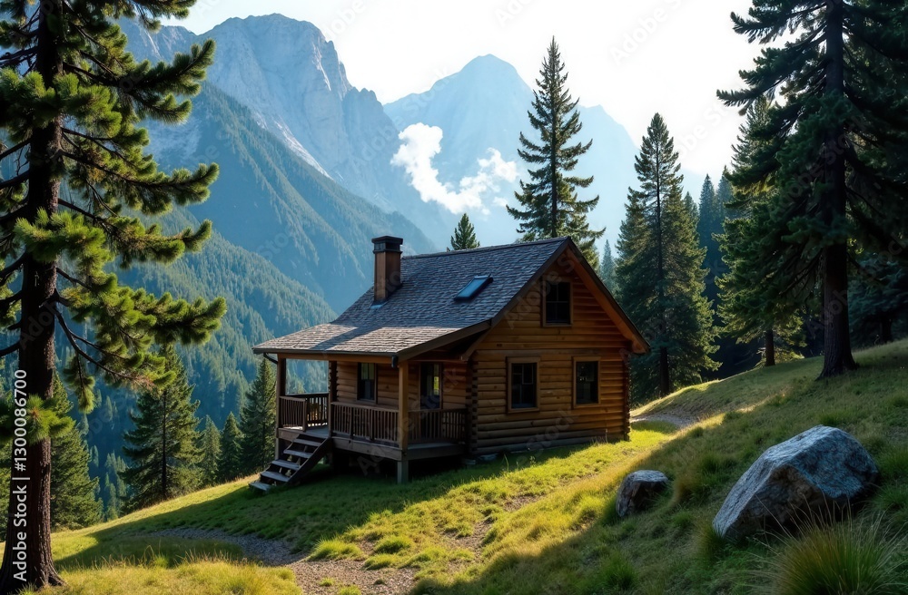 Tranquil mountain cabin in scenic forest landscape with majestic peaks Tranquil mountain cabin in scenic forest landscape with majestic peaks