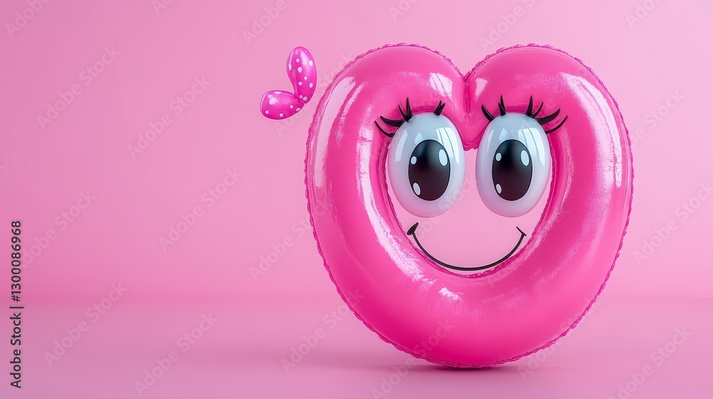 Fototapeta premium Pink Heart Shape with Big Eyes on Soft Pink Background