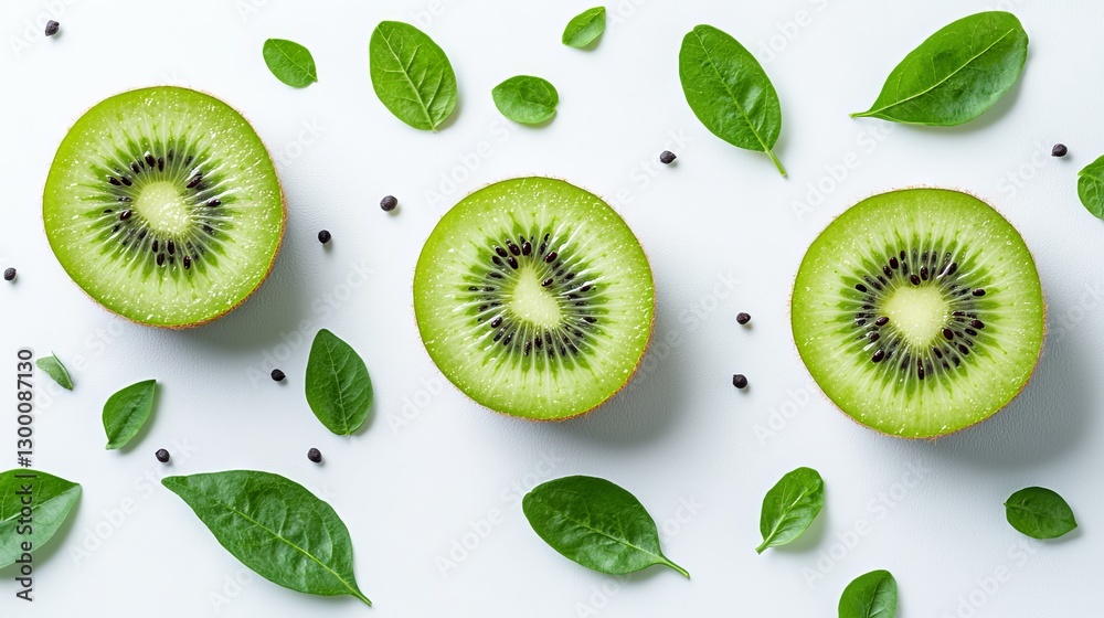 Fototapeta premium Freshly Cut Kiwi Halves on White Background - Vibrant and Healthy Fruit