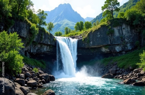 Majestic waterfall cascading in lush mountain landscape