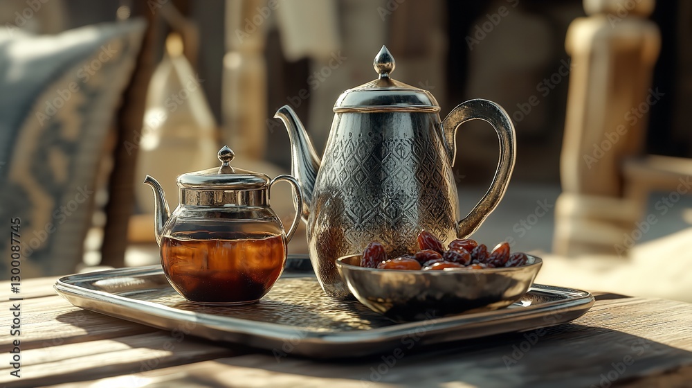 An elegant silver teapot and a smaller amber-toned pot, serving dates on a tray, bathed in warm sunlight outdoors.