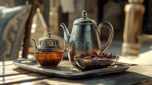 Obraz na płótnie An elegant silver teapot and a smaller amber-toned pot, serving dates on a tray, bathed in warm sunlight outdoors. w salonie