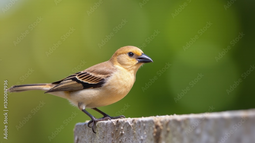 A spice finch bird perched on a concrete surface with a blurred green background. A spice finch bird perched on a concrete surface with a blurred green background.