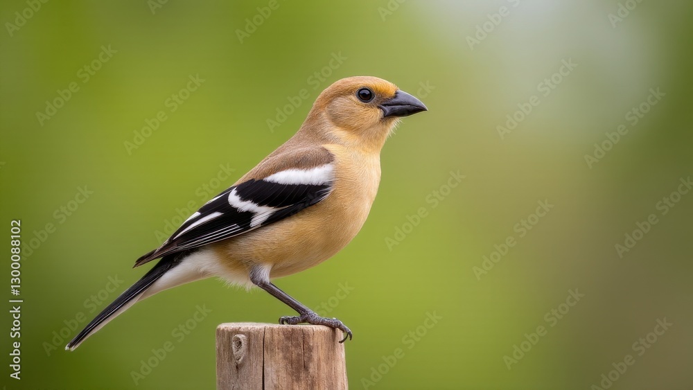 Fototapeta premium A spice finch bird perched on a wooden post with a blurred green background.