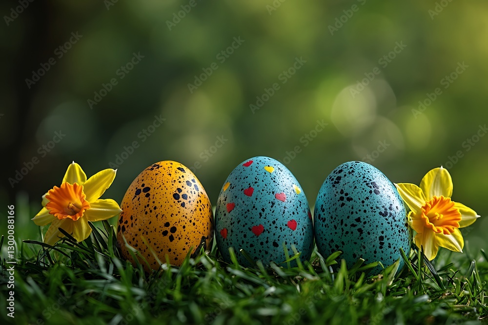 Fototapeta premium Happy Easter Background with colored Easter eggs.