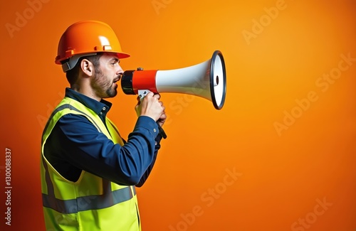 Man in reflective vest, hard hat uses megaphone against orange background, promoting communication, safety. Construction worker announces industrial labor regulations, safety precautions, job opening photo
