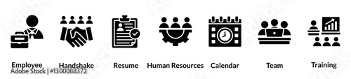 Human Resources glyph icon set. Employee, Handshake, Resume, Human Resources, Calendar, Team, Training