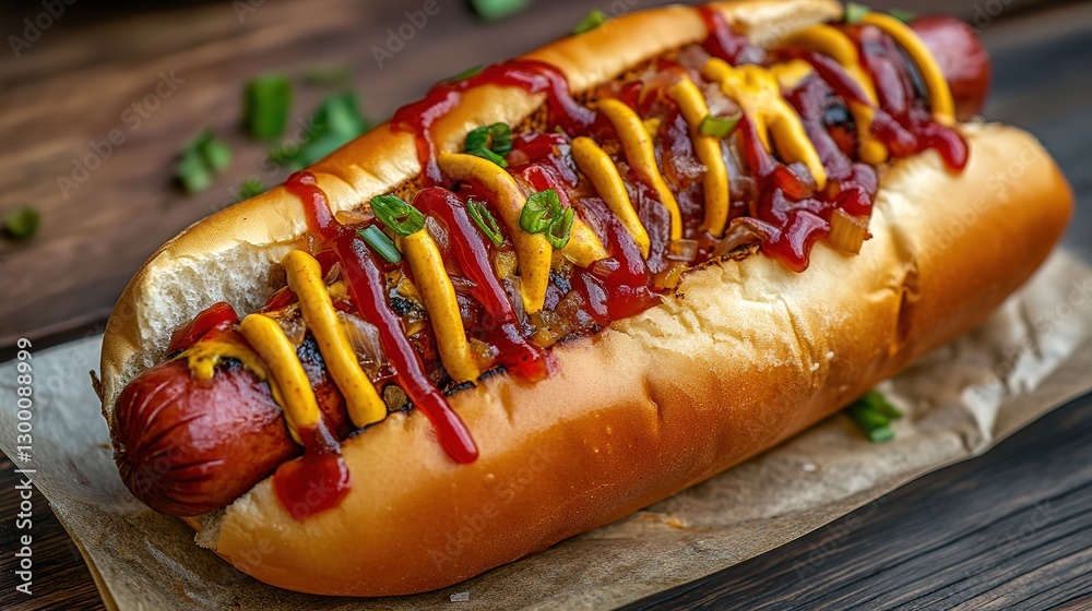a hotdog with ketchup, mustard and caramelized onions, 8k image a hotdog with ketchup, mustard and caramelized onions, 8k image