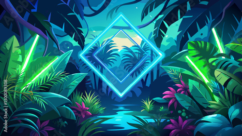 Tropical Plants Illuminated with Green and Blue Fluorescent Light. Rainforest Environment with Diamond shaped Neon Frame.