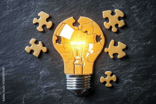 A glowing light bulb made of puzzle pieces on a dark slate background, symbolizing creativity and problem-solving