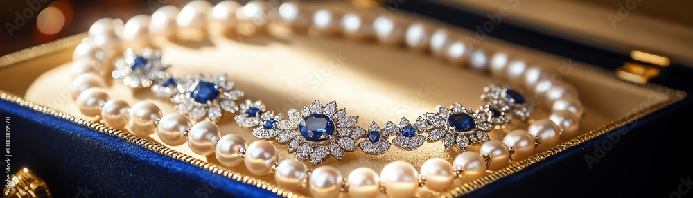 Elegant pearl necklace with sapphire accents in a luxurious jewelry box. Elegant pearl necklace with sapphire accents in a luxurious jewelry box.