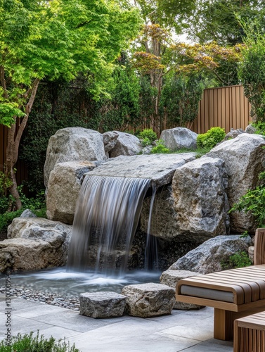 The small waterfall cascades over gray rocks in the garden