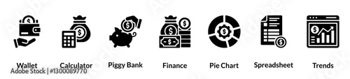 Money Management glyph icon set. Wallet, Calculator, Piggy Bank, Finance, Pie Chart, Spreadsheet, Trends