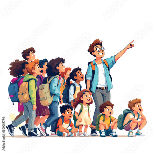 Teacher leading enthusiastic group of schoolchildren outdoors