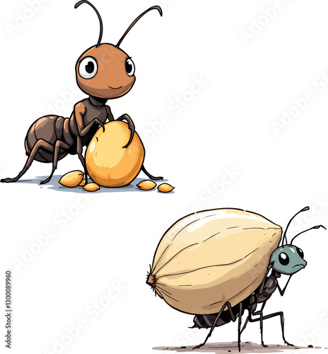 Two ants carrying and eating seeds on white background
